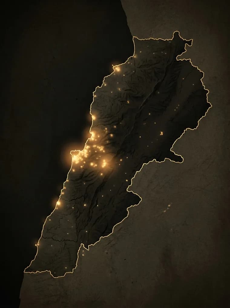 Lebanon seen from above at night. Scattered lights across the country, brightest in a chain along the coast between Beirut and Jbeil, where games are running now.