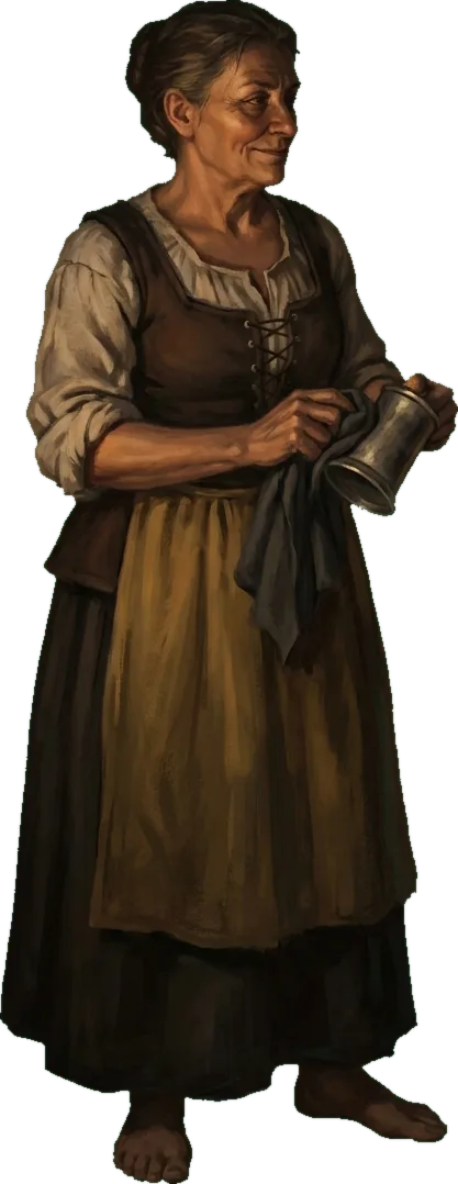 The keeper of the house behind her counter, drying a cup, watching the room.