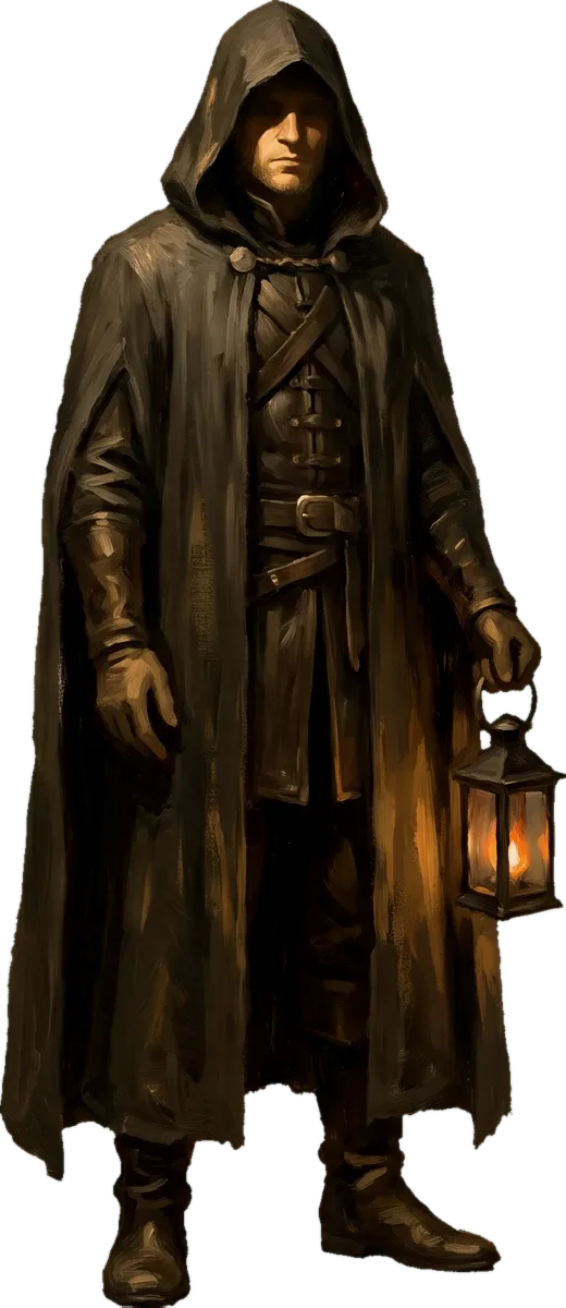 A tall figure standing by the fire in a hooded cloak, an iron lantern held low, face lost in shadow.