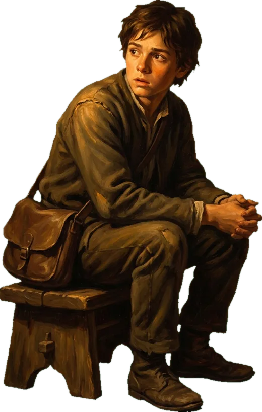 A young newcomer on a stool with a satchel, hands empty on his knees, listening.