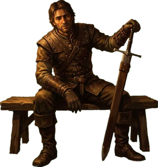 A sellsword astride a bench in studded leather, one hand on the pommel of a propped sword.