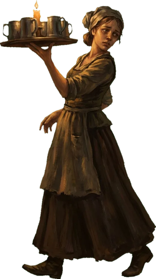 A serving maid crossing the floor with a tray of tankards on one raised hand.