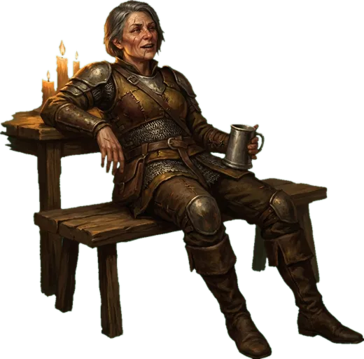 A scarred veteran in worn armour, leaning back off the bench with a tankard, mid sentence.